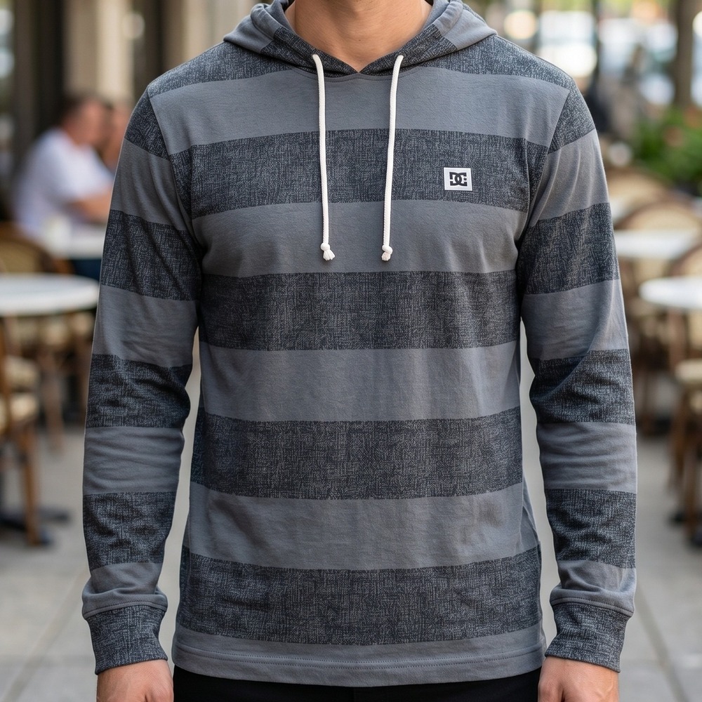 DC Shoes Mens Striped Long Sleeve Hooded T-Shirt Grey Skate Streetwear 5199